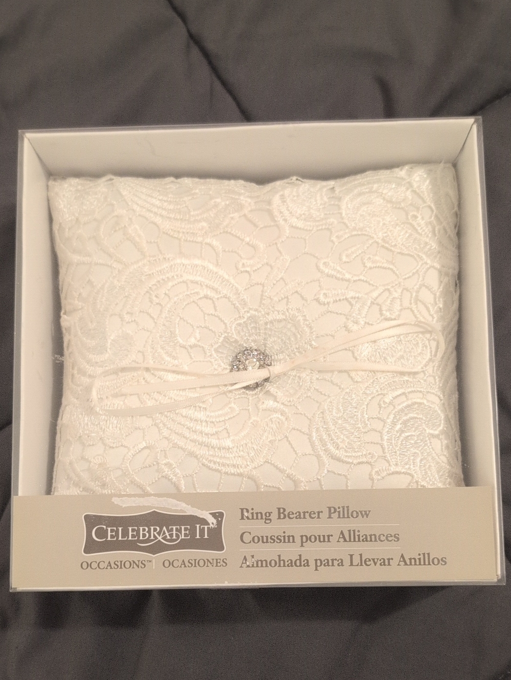 Celebrate It Ivory Lace Ring Pillow with Jewel Accent